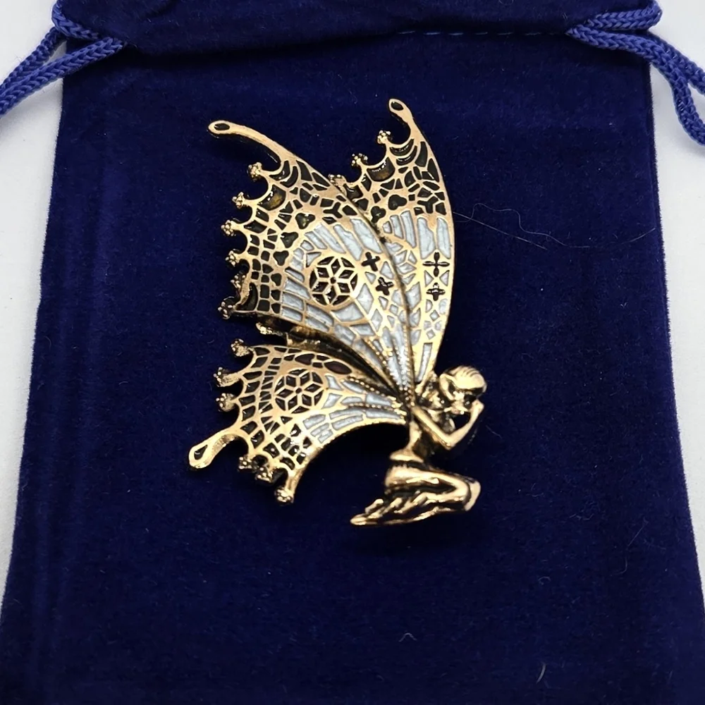Gold Fairy Brooch Enamel Filigree Wings Fantasy Whimsical Gothic Statement Pin